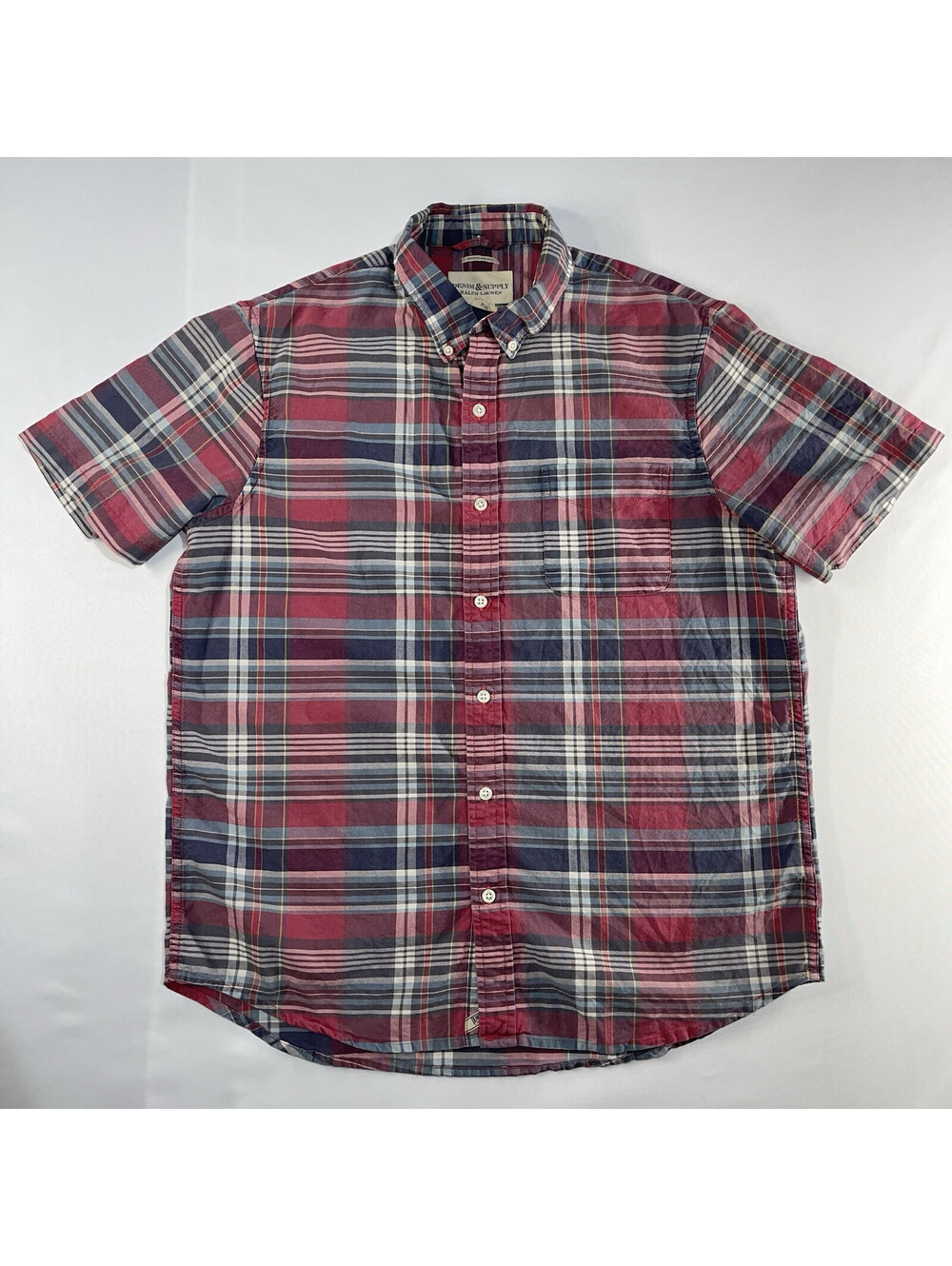 Denim Supply Ralph Lauren Shirt Men Large Red Pink Plaid Check Short Sleeve Prep